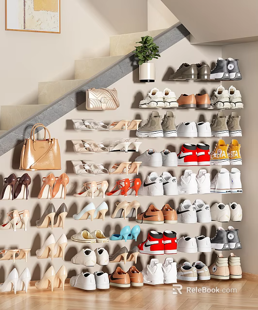 Stylish Shoes and Fashionable Bags in Various Styles Displayed on Wall 3d model 