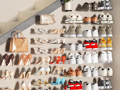 Stylish Shoes and Fashionable Bags in Various Styles Displayed on Wall 3d model