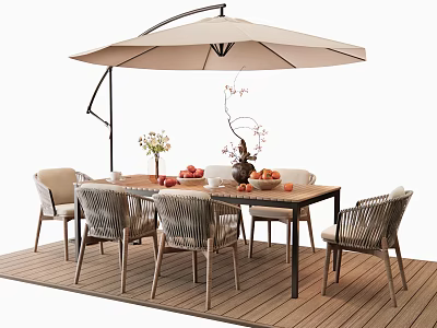 Outdoor Wooden Dining Table With Wicker Chairs Fruit Flowers And Umbrella On Deck 3d model