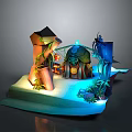 Fantasy Miniature Scene with Tree Stump Structure Vines Dome Hut Blue Glowing Plants Green Leaves