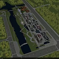 Scenic Commercial Street Aerial View With River Buildings Roads and Trees