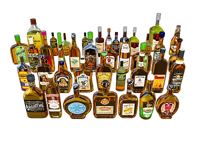 Different Types Of Alcohol Glass Bottles With Various Labels And Shapes 3d model