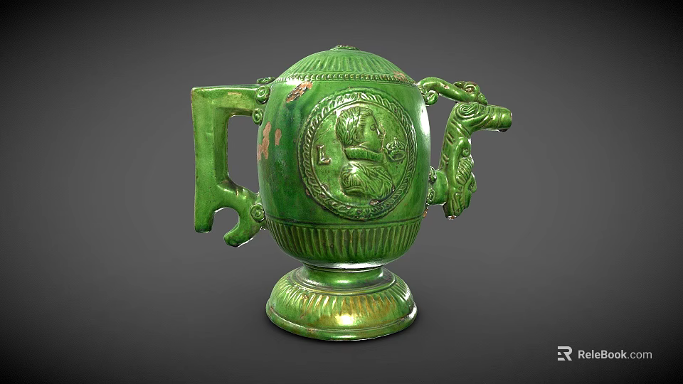 Green Ceramic Tea Set with Intricate Carved Dragon Motif and Decorative Handles on Base 3d model 