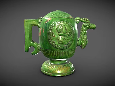 Green Ceramic Tea Set with Intricate Carved Dragon Motif and Decorative Handles on Base 3d model