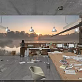 Spacious Public Office Space With Wooden Tables Hanging Lights Lake Sunset View And Large Windows
