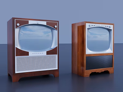 Two Vintage TVs With Wooden Cabinets Displaying Blue Sky And White Clouds 3d model
