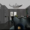 Elegant Dining Room Interior With Chandelier Dining Table Chairs And Floral Wall Art