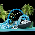Tropical Decorative Scene With Blue Waves Palm Trees Green Plants And Small Boat