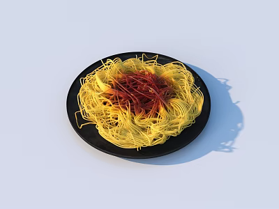 Yellow Noodles Topped with Red Seasoning Served on Black Plate 3d model