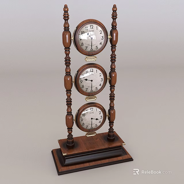 Classic Wooden Standing Clock With Three Dials And Carved Decorative Frame 3d model