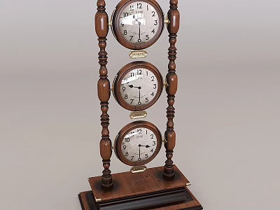 Classic Wooden Standing Clock With Three Dials And Carved Decorative Frame 3d model