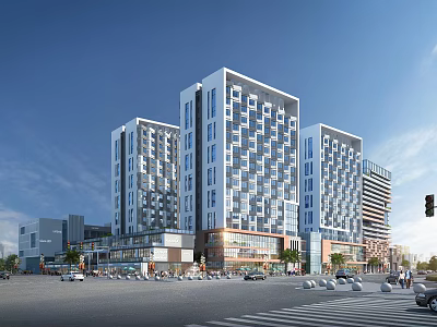 Modern Commercial Street Scene With High Rise Buildings Vehicles And Pedestrians 3d model