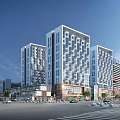 Modern Commercial Street Scene With High Rise Buildings Vehicles And Pedestrians