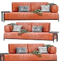 Modern Orange Leather Sectional Sofa With Decorative Pillows Throw Blanket And Side Tray Table 3d model