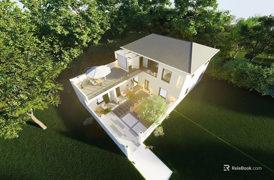 Modern Rural Self Built House With Green Yard Trees Outdoor Patio And Furniture 3d model 