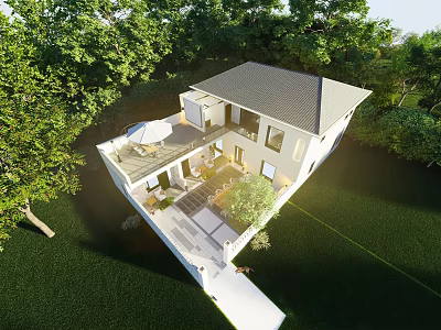 Modern Rural Self Built House With Green Yard Trees Outdoor Patio And Furniture 3d model