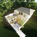 Modern Rural Self Built House With Green Yard Trees Outdoor Patio And Furniture