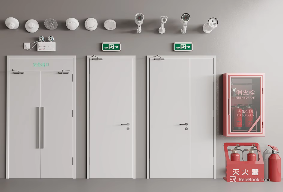 Smoke Detectors and Emergency Exit Doors with Fire Hydrant Cabinet and Extinguishers 3d model 
