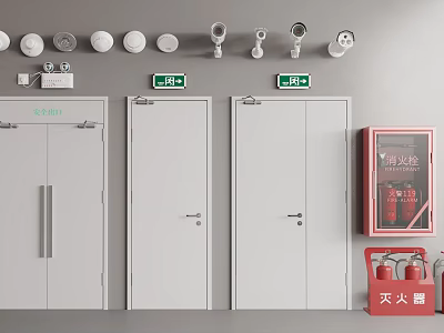 Smoke Detectors and Emergency Exit Doors with Fire Hydrant Cabinet and Extinguishers 3d model