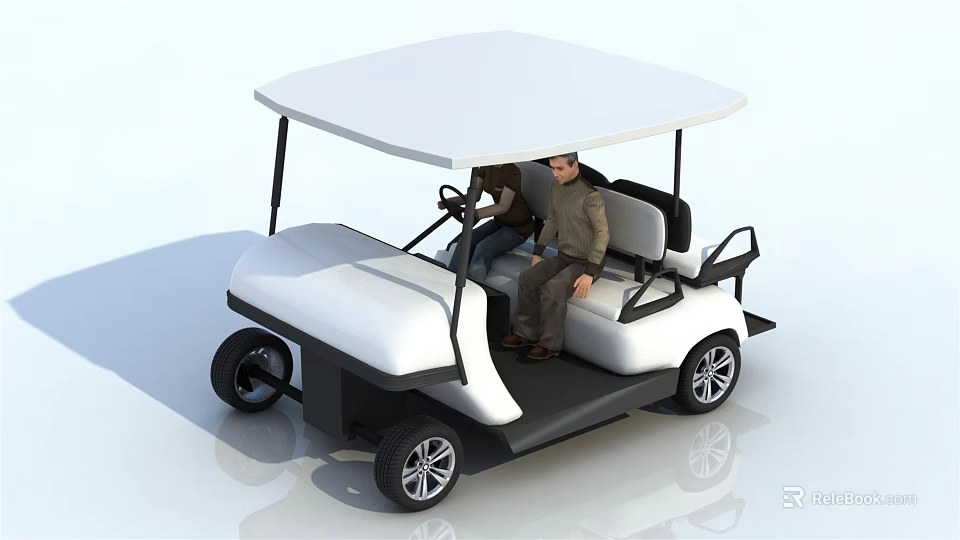 White Golf Cart With Open Top And Two Seated Riders 3d model