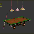 Orange Felt Billiard Table With Wooden Frame And Cue Stick Under Three Pendant Lights