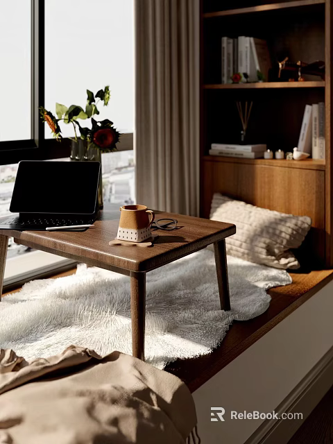 Cozy Bay Window Nook With Wooden Table Coffee Mug Laptop Plants And Soft Rug 3d model 