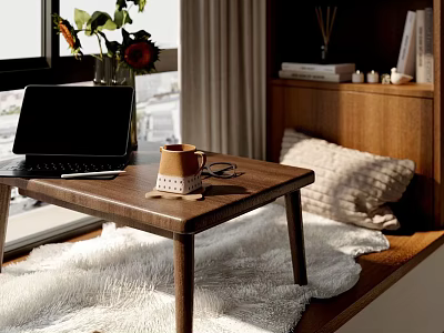 Cozy Bay Window Nook With Wooden Table Coffee Mug Laptop Plants And Soft Rug 3d model