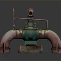 Industrial Piping Equipment With Green Metal Frame Red Blue Pipes And Valves
