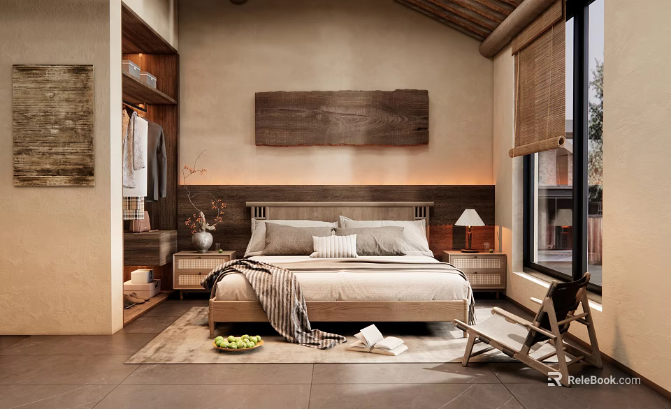 Hotel Guest Room Interior With Wooden Bed Nightstand Decorative Art And Natural Light 3d model 