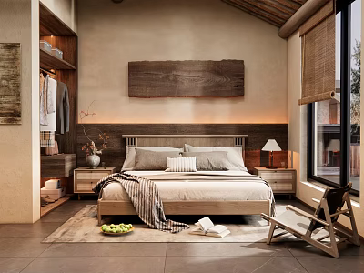 Hotel Guest Room Interior With Wooden Bed Nightstand Decorative Art And Natural Light 3d model