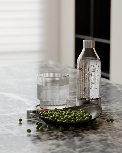 Decorative Ornament Set With Transparent Glass Tumbler Water Bottle Green Peas On Marble Countertop 3d model