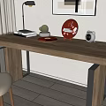 Modern Wooden Desk With Table Lamp Books Potted Plant Red Plate And Alarm Clock