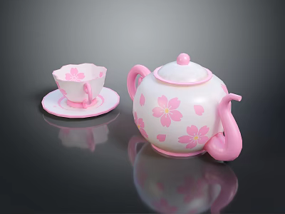 Pink Cherry Blossom Teapot and Cup with Saucer Decorative Floral Tableware Set 3d model