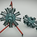 Two Radial Engines Mounted On Red Mobile Stand With Metal Structure