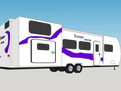 White Towable Recreational Vehicle With Purple Wavy Stripes Reserve Text And Windows 3d model