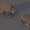 Ancient Rural Cottage With Wooden Stone Structure Thatch Roof And Barrels Wheelbarrow