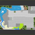 Cartoon Resort Scene With Colorful Buildings Swimming Pool Green Lawn And Palm Trees