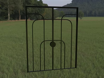 Iron Gate in Outdoor Scene With Green Grassland Trees And Distant Mountains 3d model