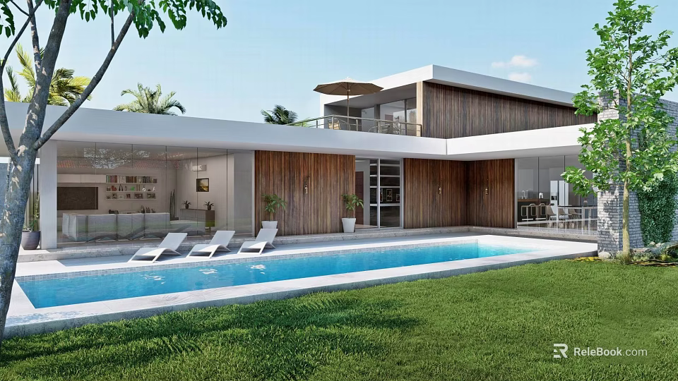 Modern Detached Villa Architectural Design With Swimming Pool Green Lawn And Wooden Terrace 3d model 
