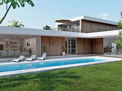 Modern Detached Villa Architectural Design With Swimming Pool Green Lawn And Wooden Terrace 3d model