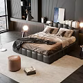 Double Bed With Black Headboard Brown Bedding Floor To Ceiling Window And City View Rug