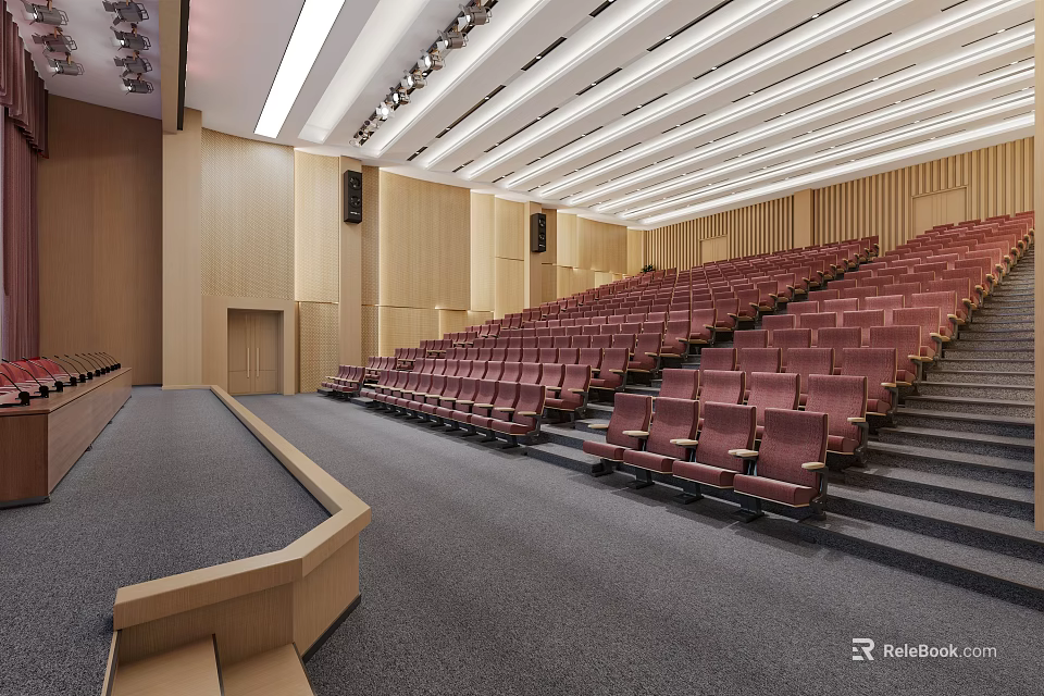 Modern Lecture Hall Interior With Red Raked Seats Wooden Walls And Ceiling Lighting 3d model 