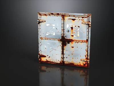 Rusty Iron Door with Broken Glass Panels and Metal Hinges 3d model