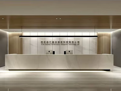 Modern Reception Desk Design With Marble Counter And Wooden Backdrop Wall 3d model