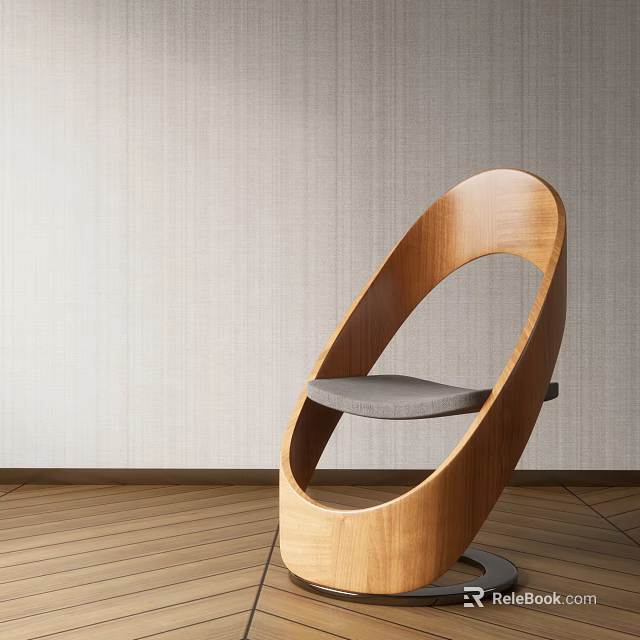 Modern Wooden Single Chair With Unique Circular Frame Gray Seat And Wooden Floor 3d model 