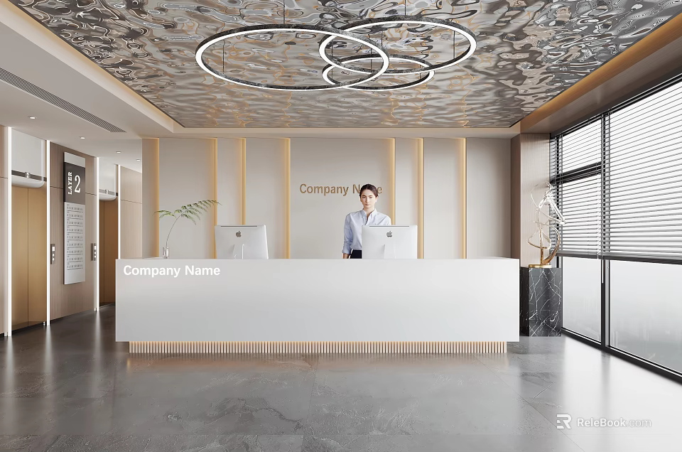 Modern Reception Desk with Receptionist Corporate Name Display in Contemporary Office and Circular Ceiling Lights 3d model 