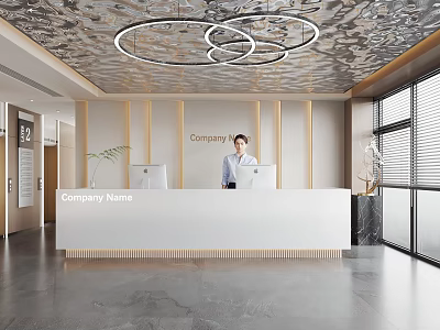 Modern Reception Desk with Receptionist Corporate Name Display in Contemporary Office and Circular Ceiling Lights 3d model