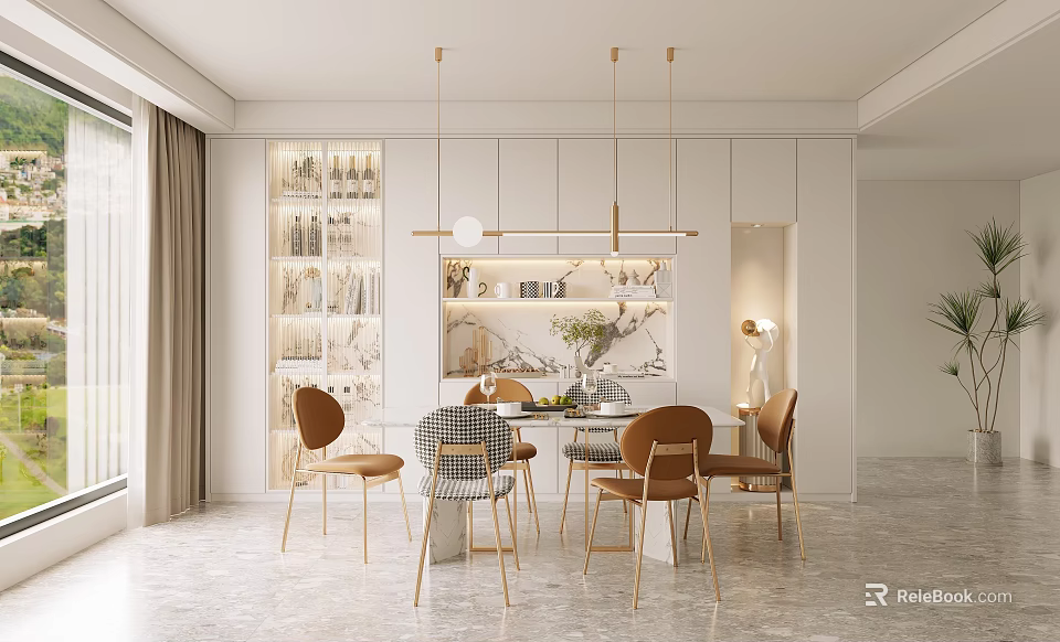 Elegant Modern Restaurant Interior With Dining Table Chairs Pendant Lights And Decorative Wall 3d model