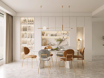 Elegant Modern Restaurant Interior With Dining Table Chairs Pendant Lights And Decorative Wall 3d model