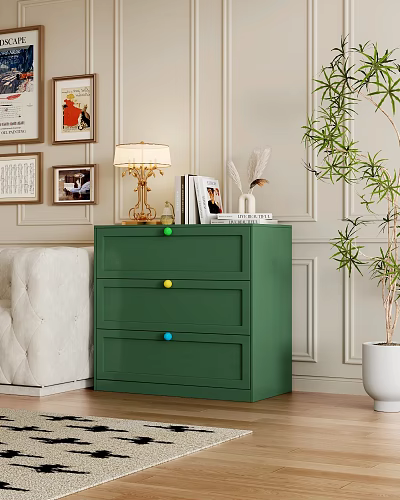 Green Dresser With Three Drawers Colorful Knobs White Sofa Table Lamp And Plants In Modern Living Room 3d model